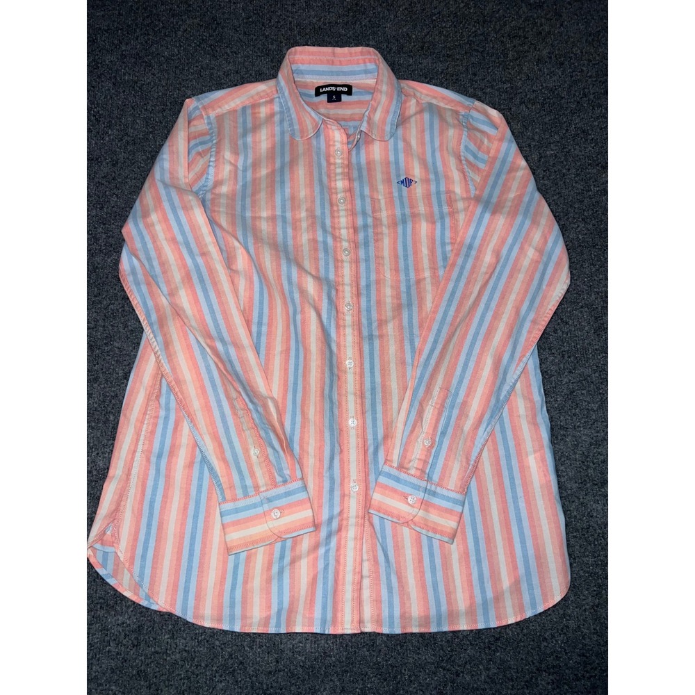 Lands End Mens Small Pink Blue Striped Button Down Shirt Cotton Blend